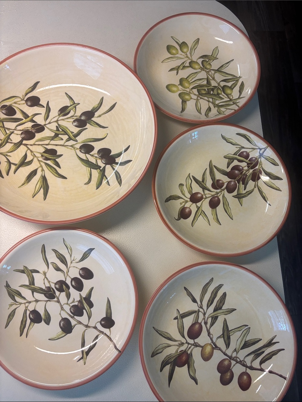 Williams Sonoma Olive Motif Ceramic Serving Bowls - Green, Purple, Cream